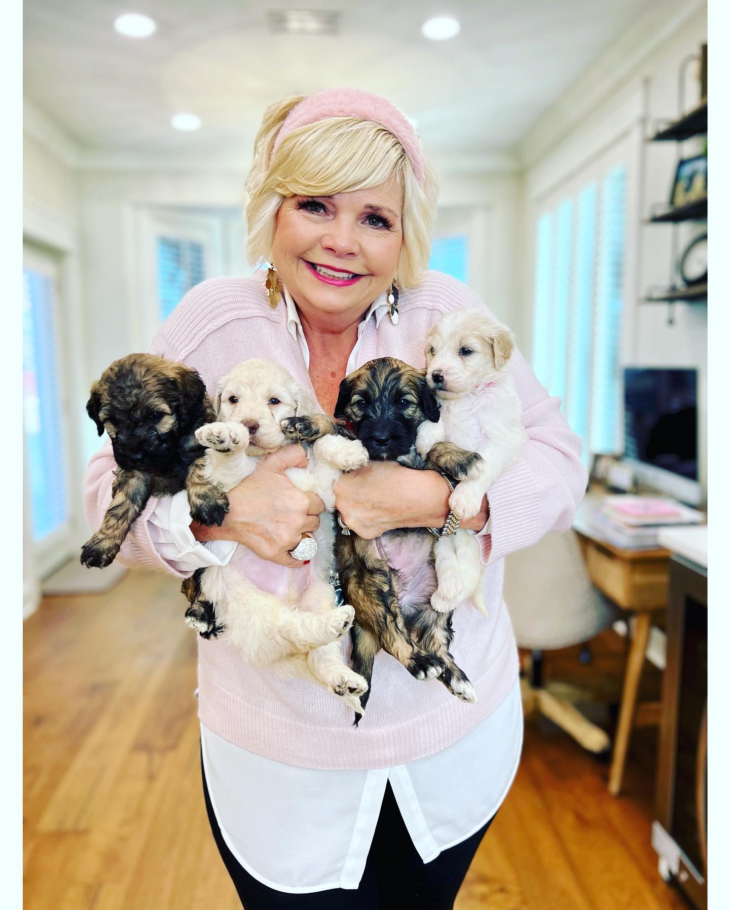 Sherri Smeraglia is holding all of her rare golden doodle-marked puppies. These puppies are so adorable, with their soft fur and sweet faces. It's easy to see why Sherri is so proud of them!